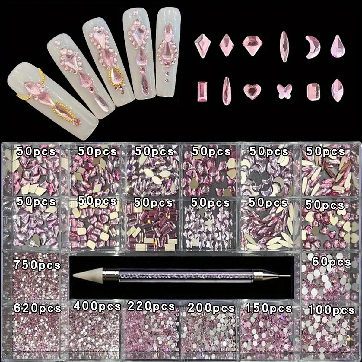 21 grid rhinestone box mixed nail Gems