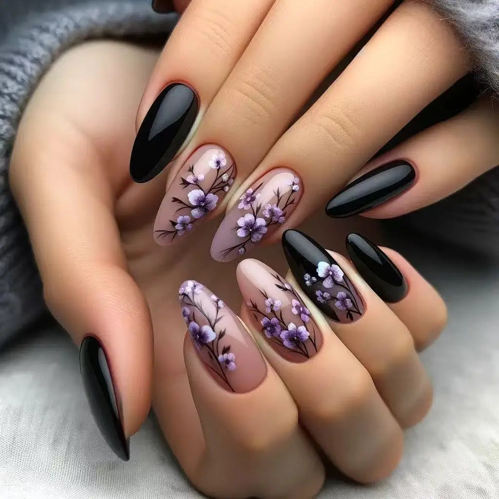 Purple Flower Press on Nails 24Pcs