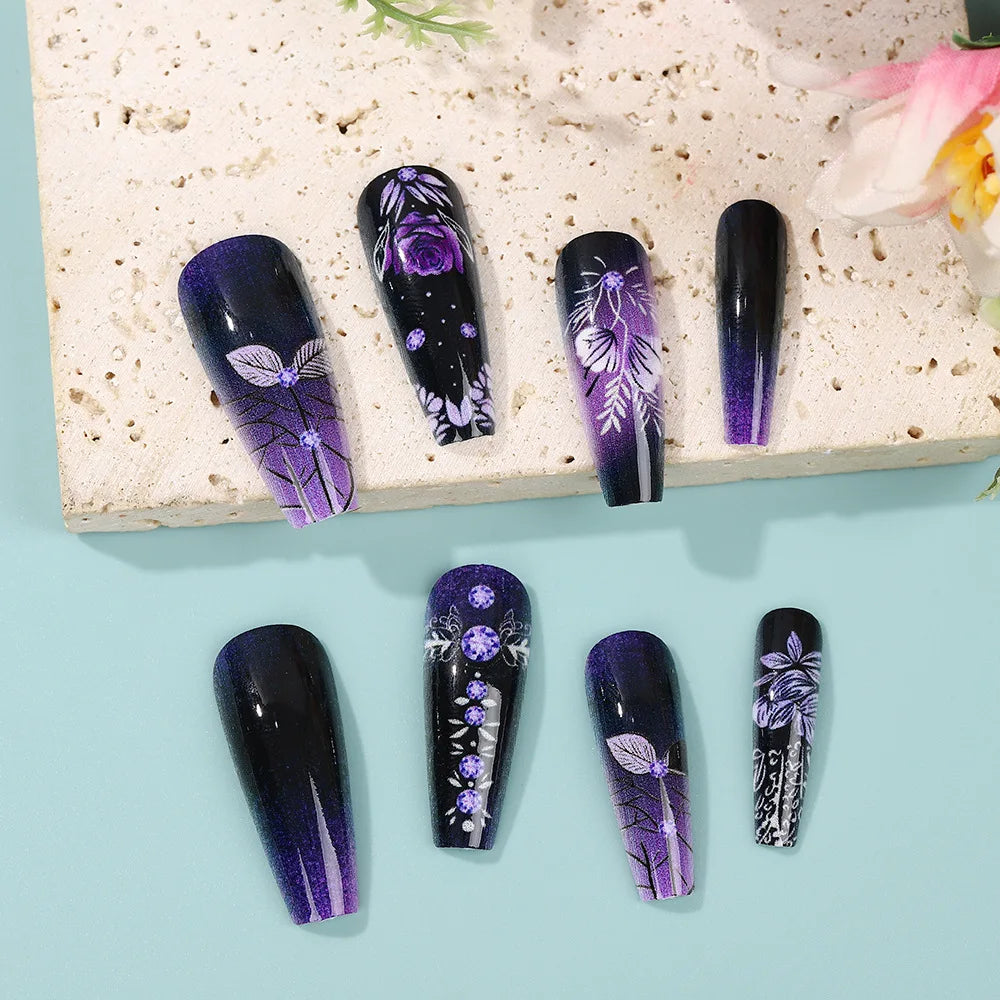 Purple Flower Press on Nails 24Pcs