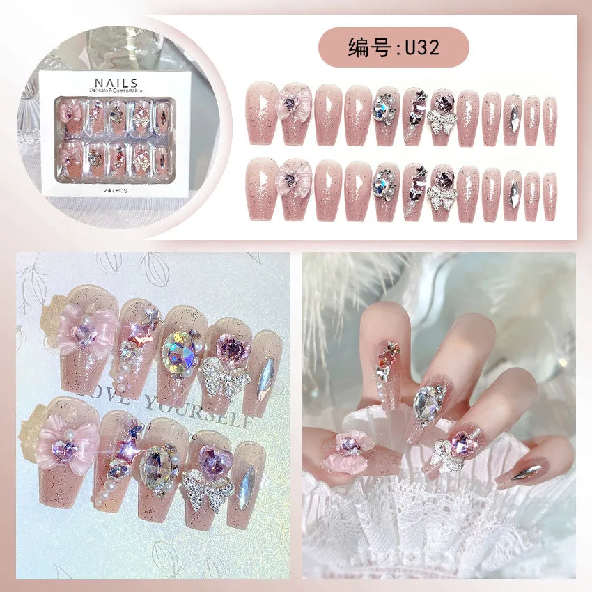 24pcs/box Luxury Pink Long Coffin Fake Nails