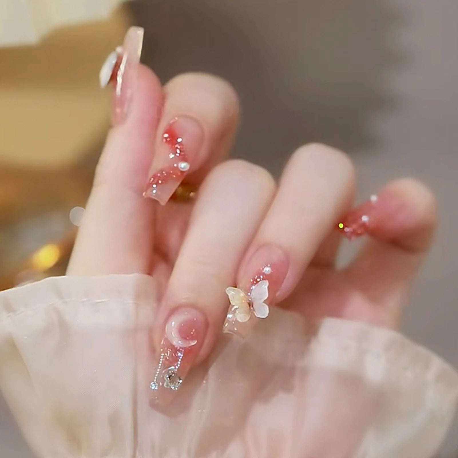French Style False Nails Glitte Bow Design Fake Nail