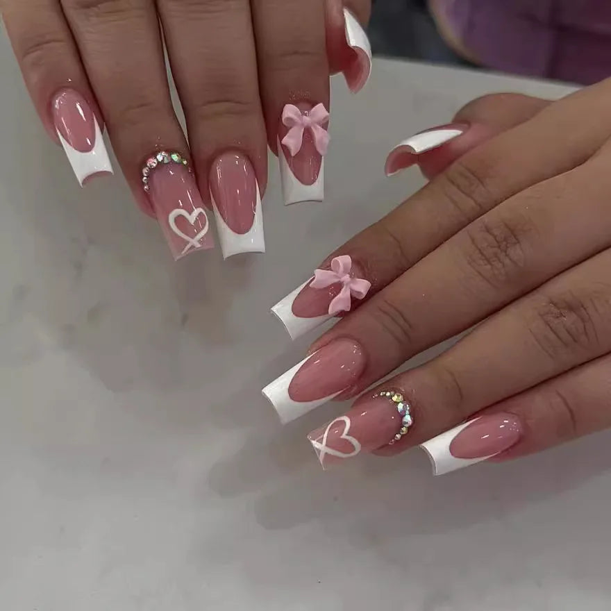 24Pcs French Tip Square Press On Nails