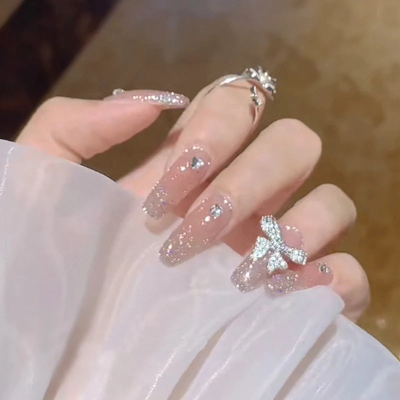 French Style False Nails Glitte Bow Design Fake Nail