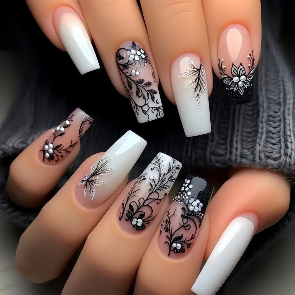 Purple Flower Press on Nails 24Pcs
