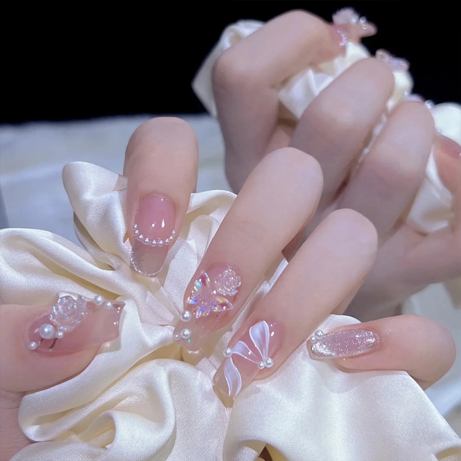 French Style False Nails Glitte Bow Design Fake Nail