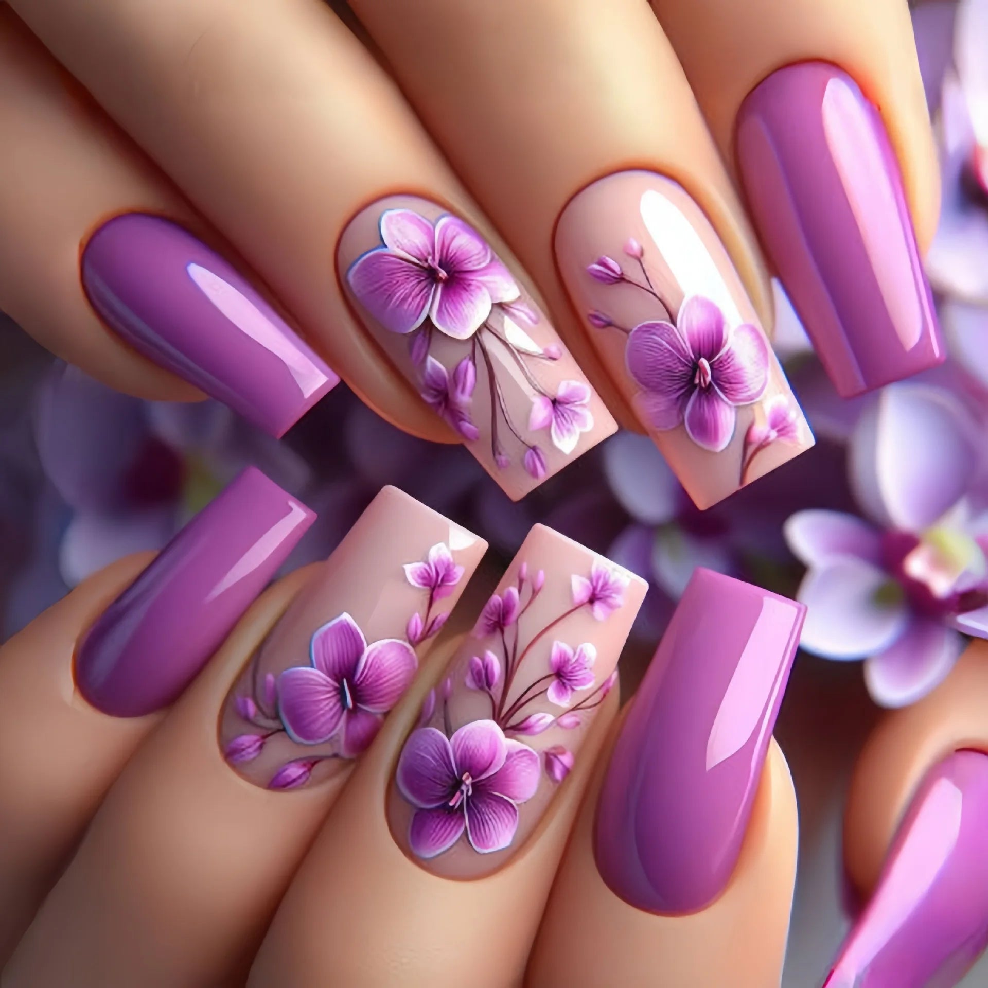 Purple Flower Press on Nails 24Pcs