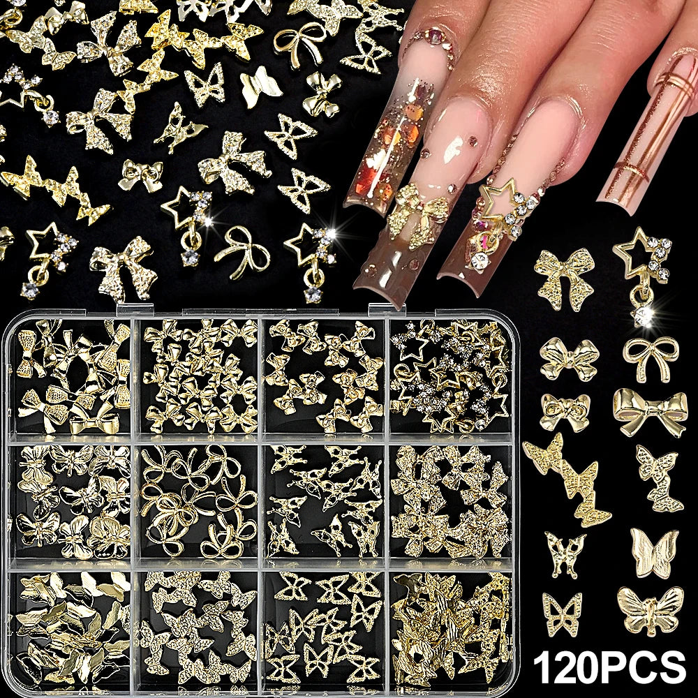 120pcs/box 3D Gold Bow Butterfly Nail