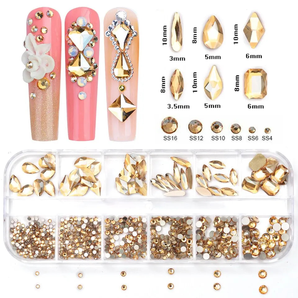 12 Grids Golden Shadow Flatback Rhinestones Glitter Nail