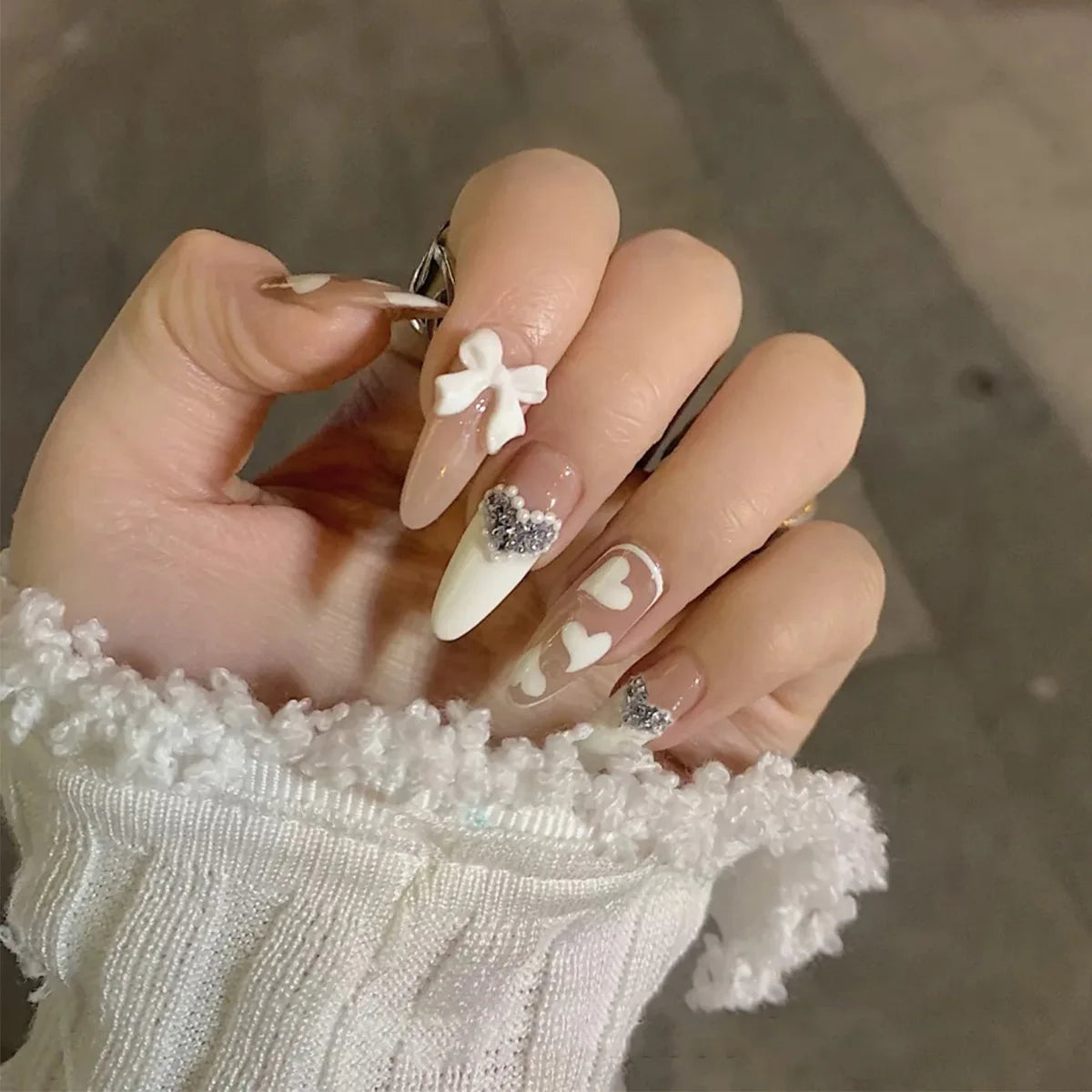 French Style False Nails Glitte Bow Design Fake Nail