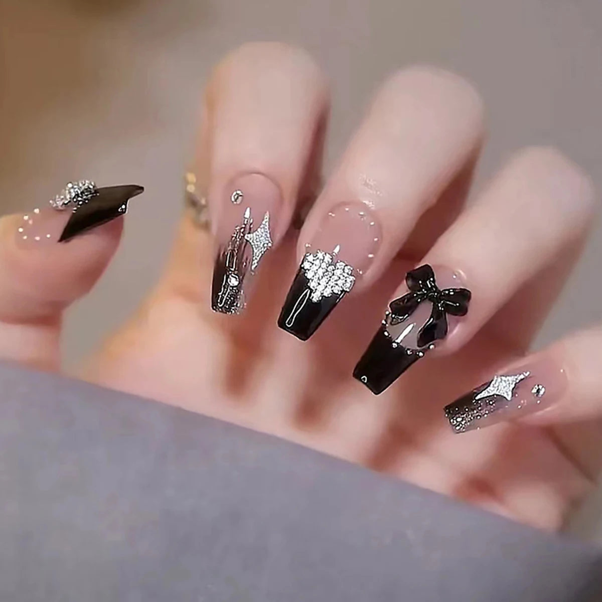 French Style False Nails Glitte Bow Design Fake Nail