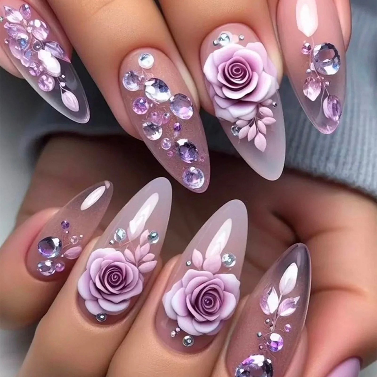 Purple Flower Press on Nails 24Pcs