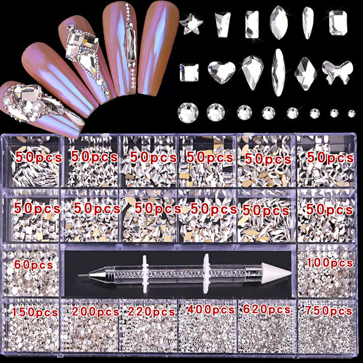 21 grid rhinestone box mixed nail Gems
