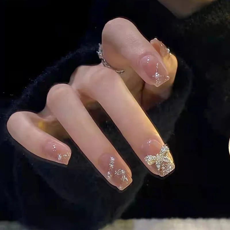 French Style False Nails Glitte Bow Design Fake Nail