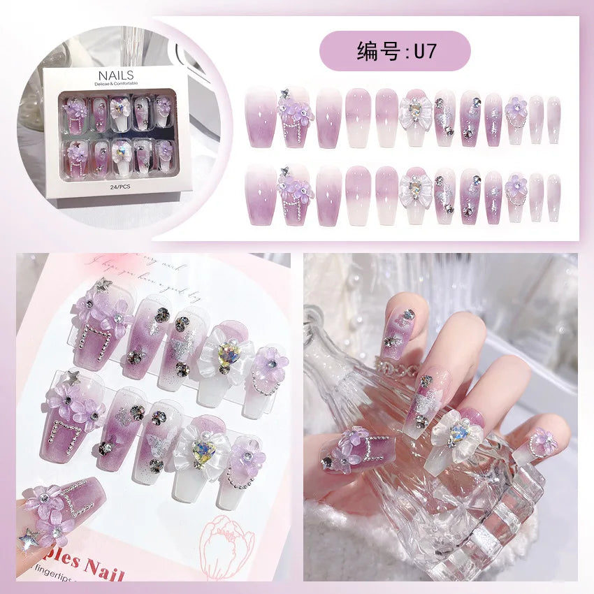 24pcs/box Luxury Pink Long Coffin Fake Nails