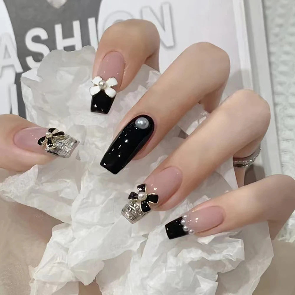 French Style False Nails Glitte Bow Design Fake Nail