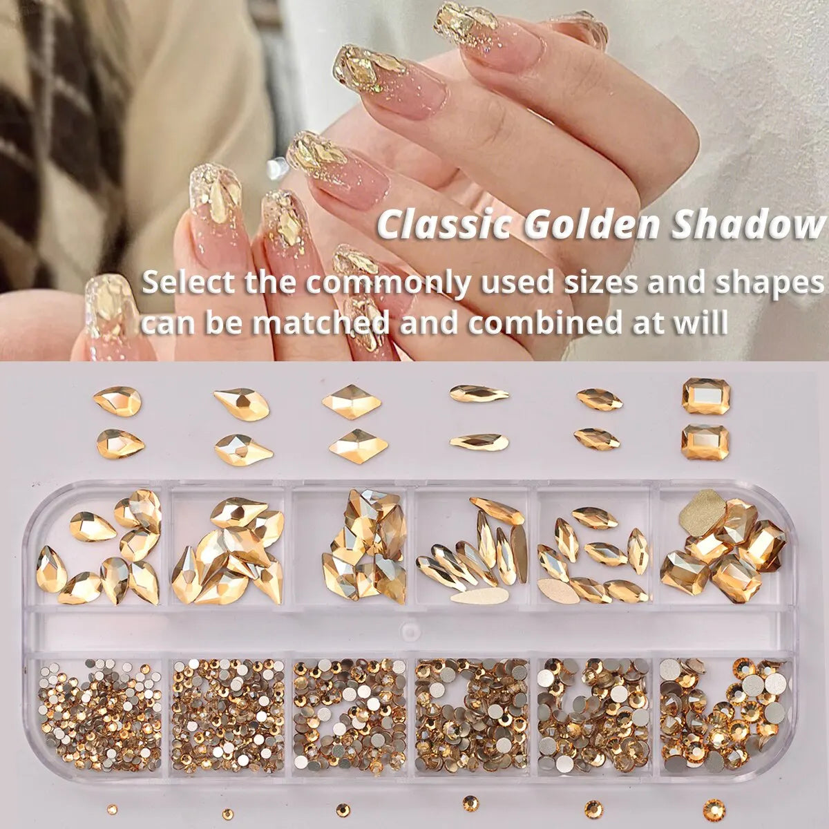 12 Grids Golden Shadow Flatback Rhinestones Glitter Nail