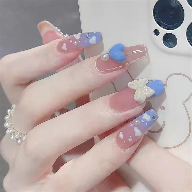 French Style False Nails Glitte Bow Design Fake Nail