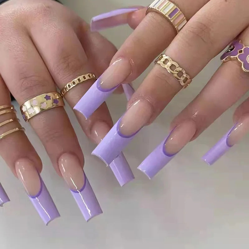 24Pcs French Tip Square Press On Nails