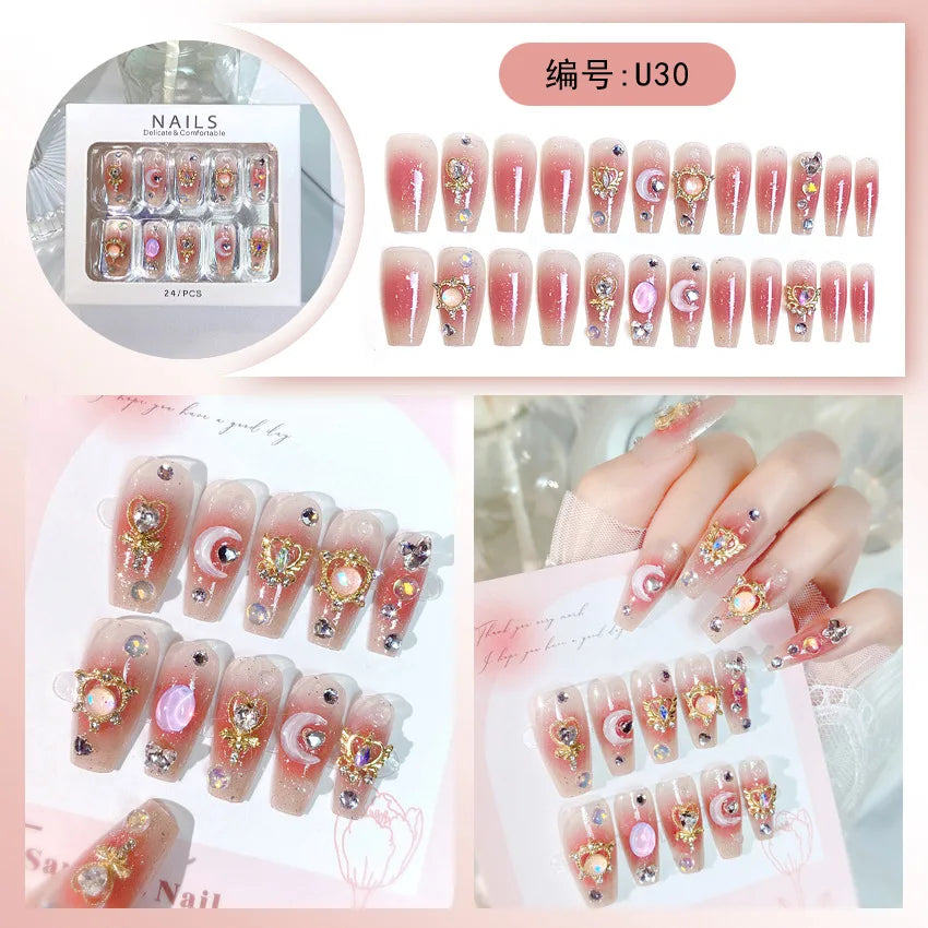 24pcs/box Luxury Pink Long Coffin Fake Nails