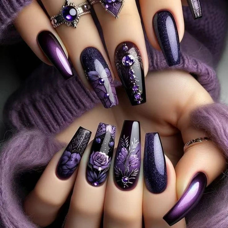 Purple Flower Press on Nails 24Pcs