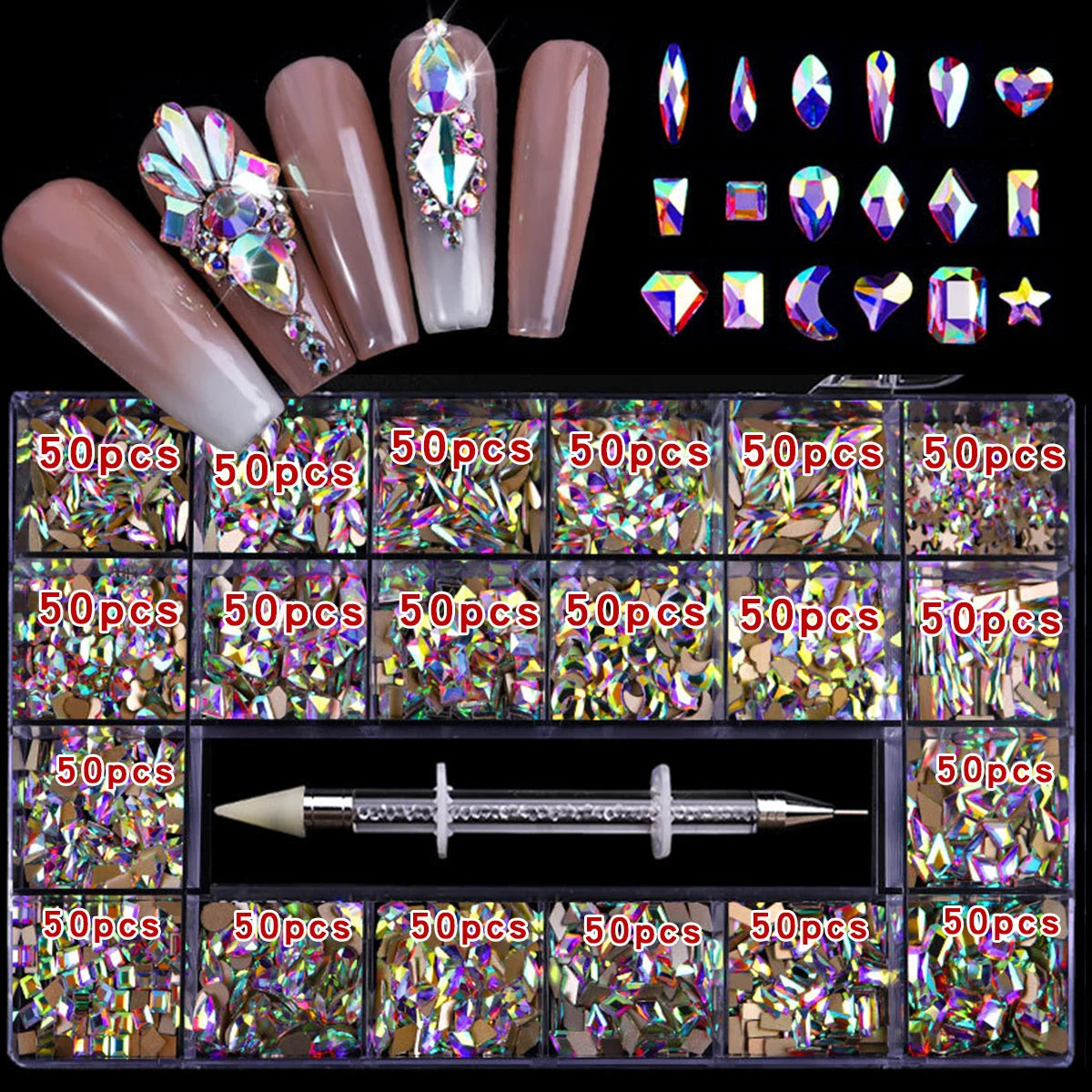 21 grid rhinestone box mixed nail Gems