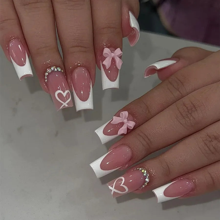 24Pcs French Tip Square Press On Nails
