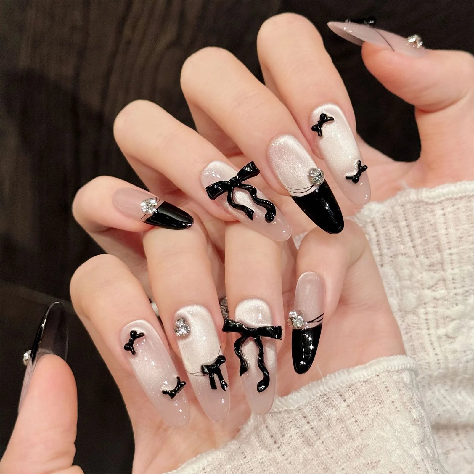 10pcs Handmade Press on Nails French Cat Eye Pink