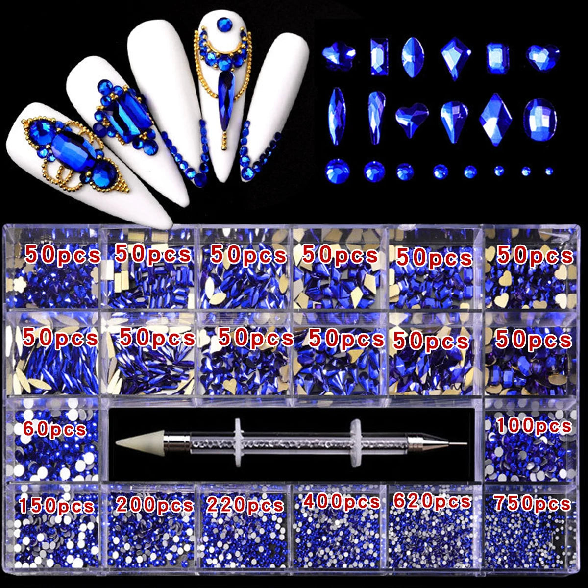 21 grid rhinestone box mixed nail Gems