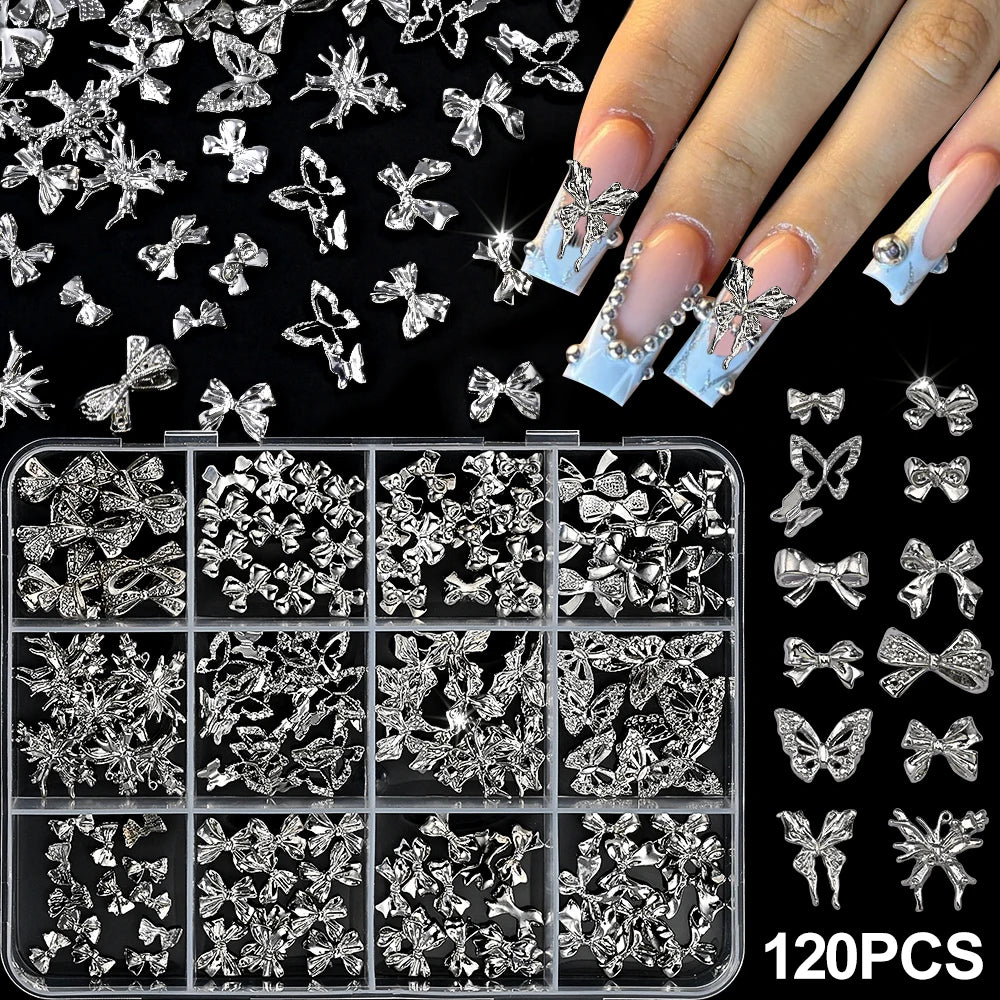 120pcs/box 3D Gold Bow Butterfly Nail