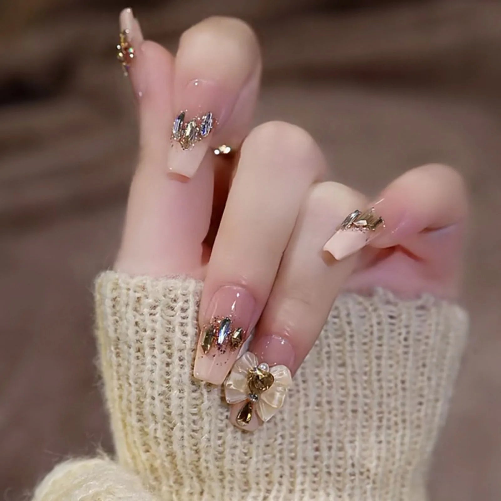 French Style False Nails Glitte Bow Design Fake Nail
