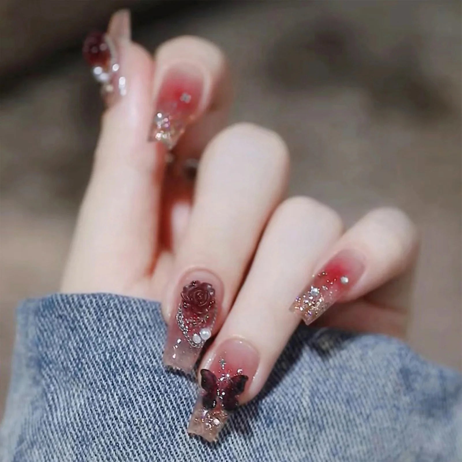 French Style False Nails Glitte Bow Design Fake Nail