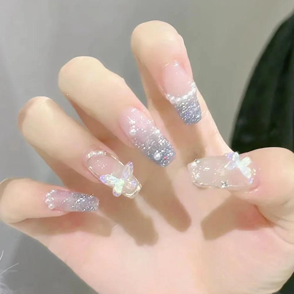 24Pcs/SET French Ballet Blue Moon Sailor False Nails