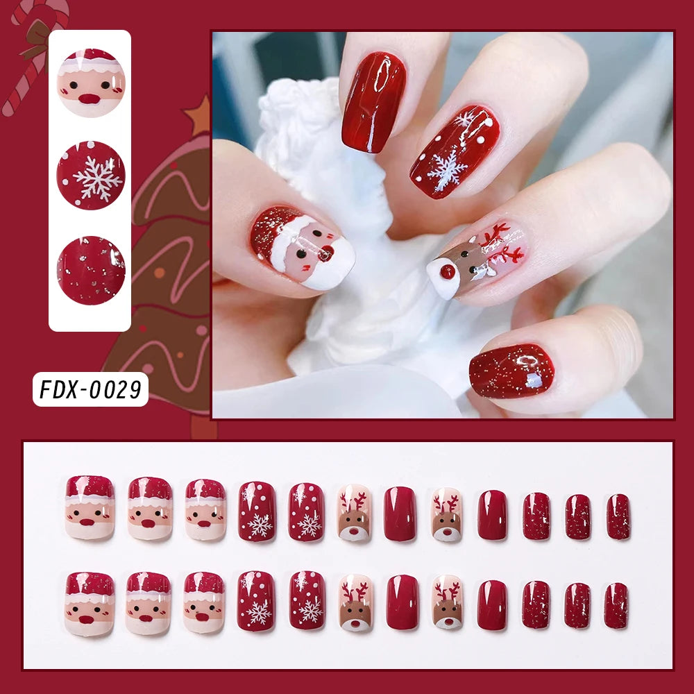 24Pcs Red Christmas Fake Nails