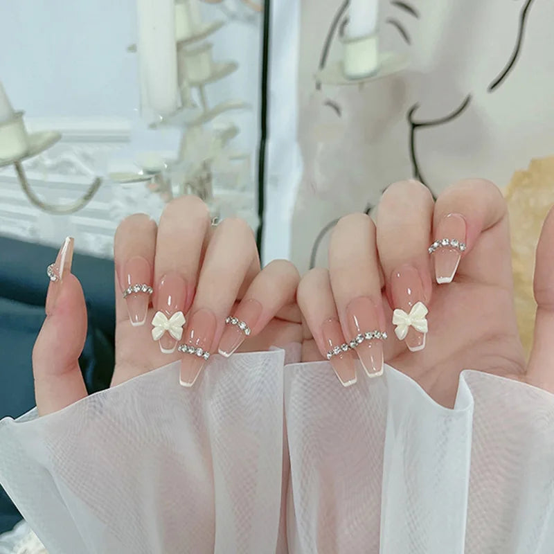 French Style False Nails Glitte Bow Design Fake Nail