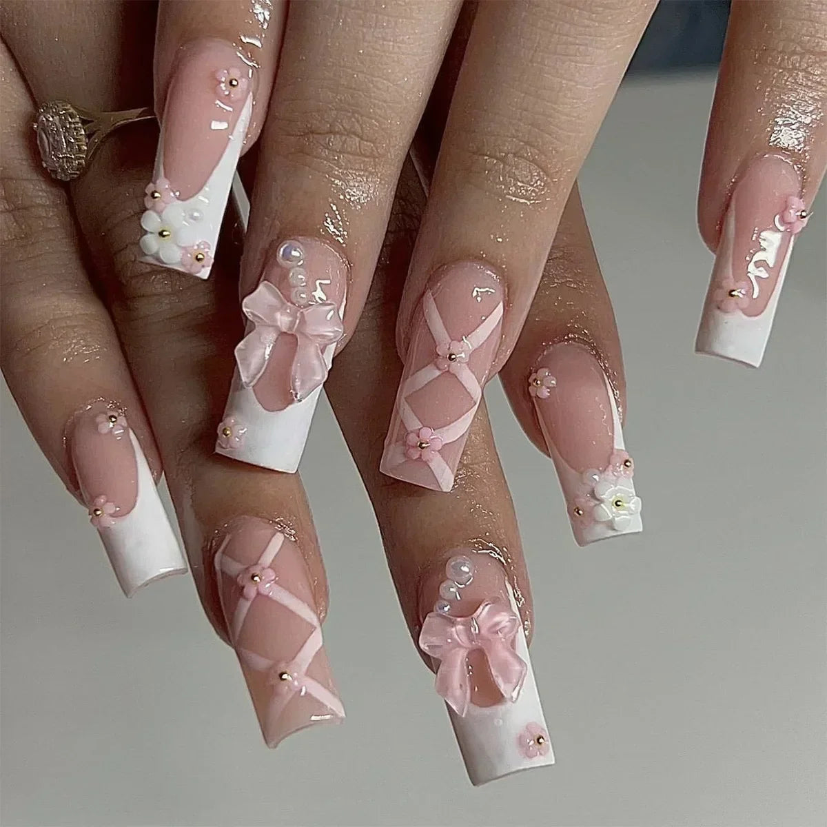 24Pcs French Tip Square Press On Nails