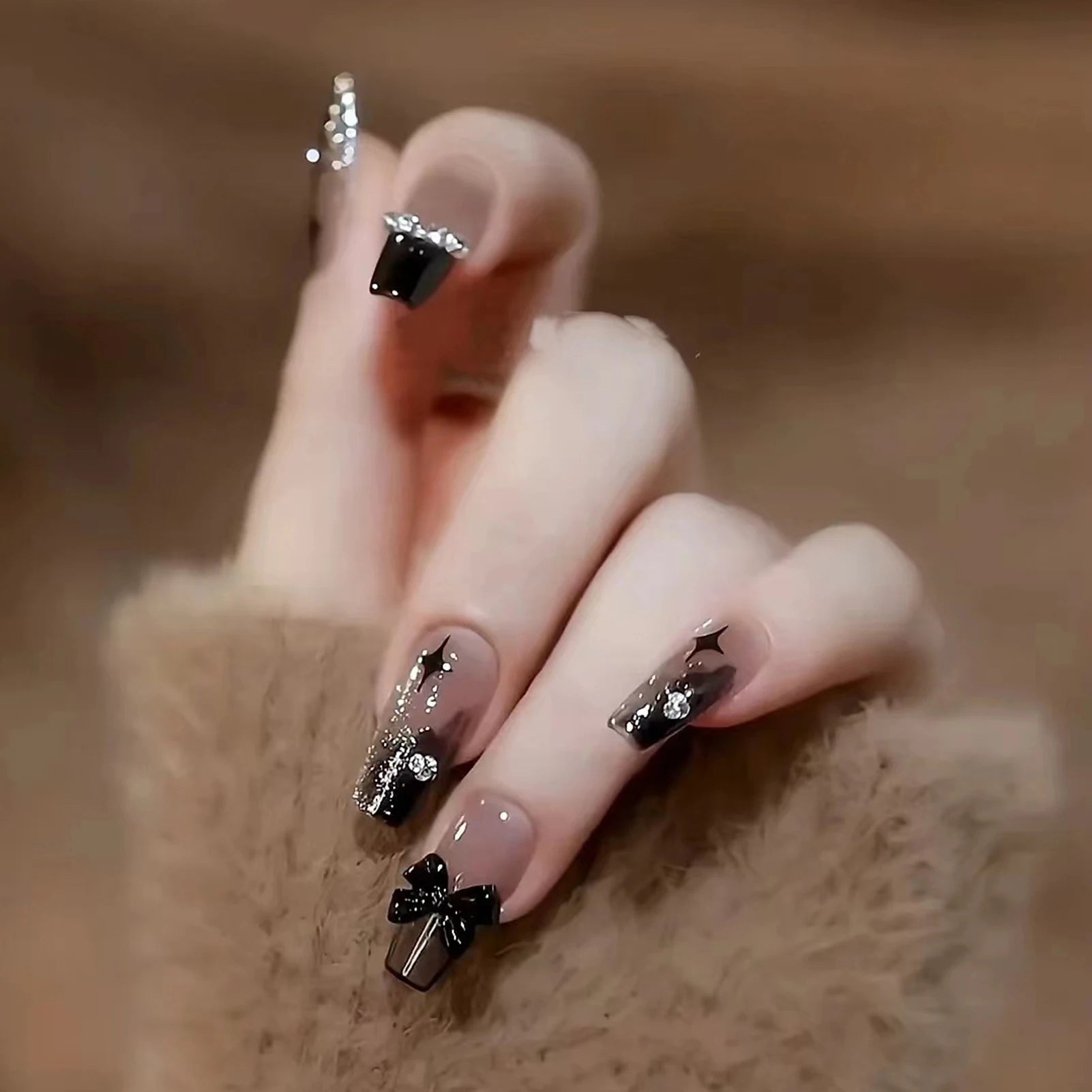 French Style False Nails Glitte Bow Design Fake Nail