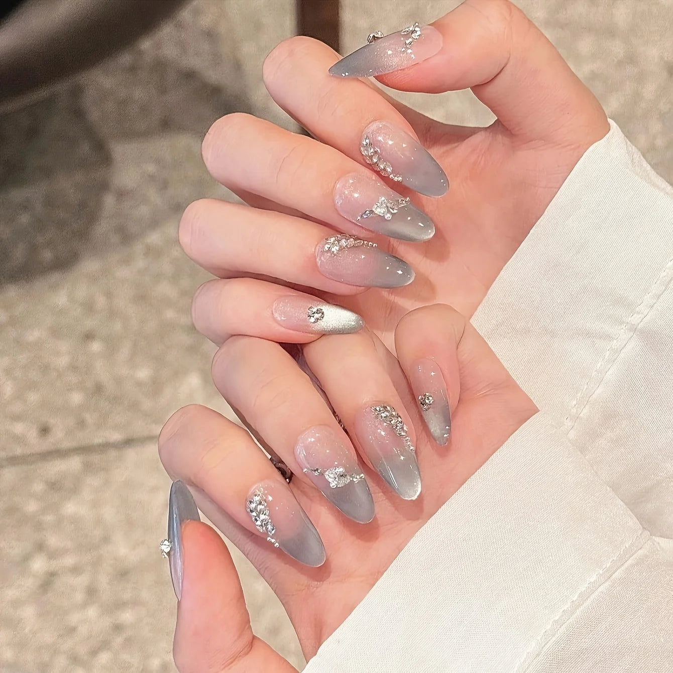 10pcs  cat-eye French diamonds handmade fake nails