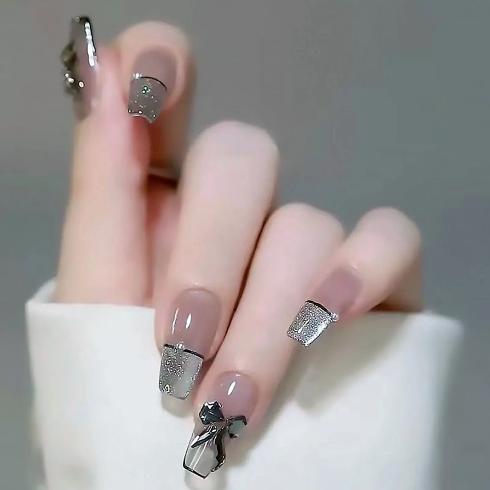 French Style False Nails Glitte Bow Design Fake Nail