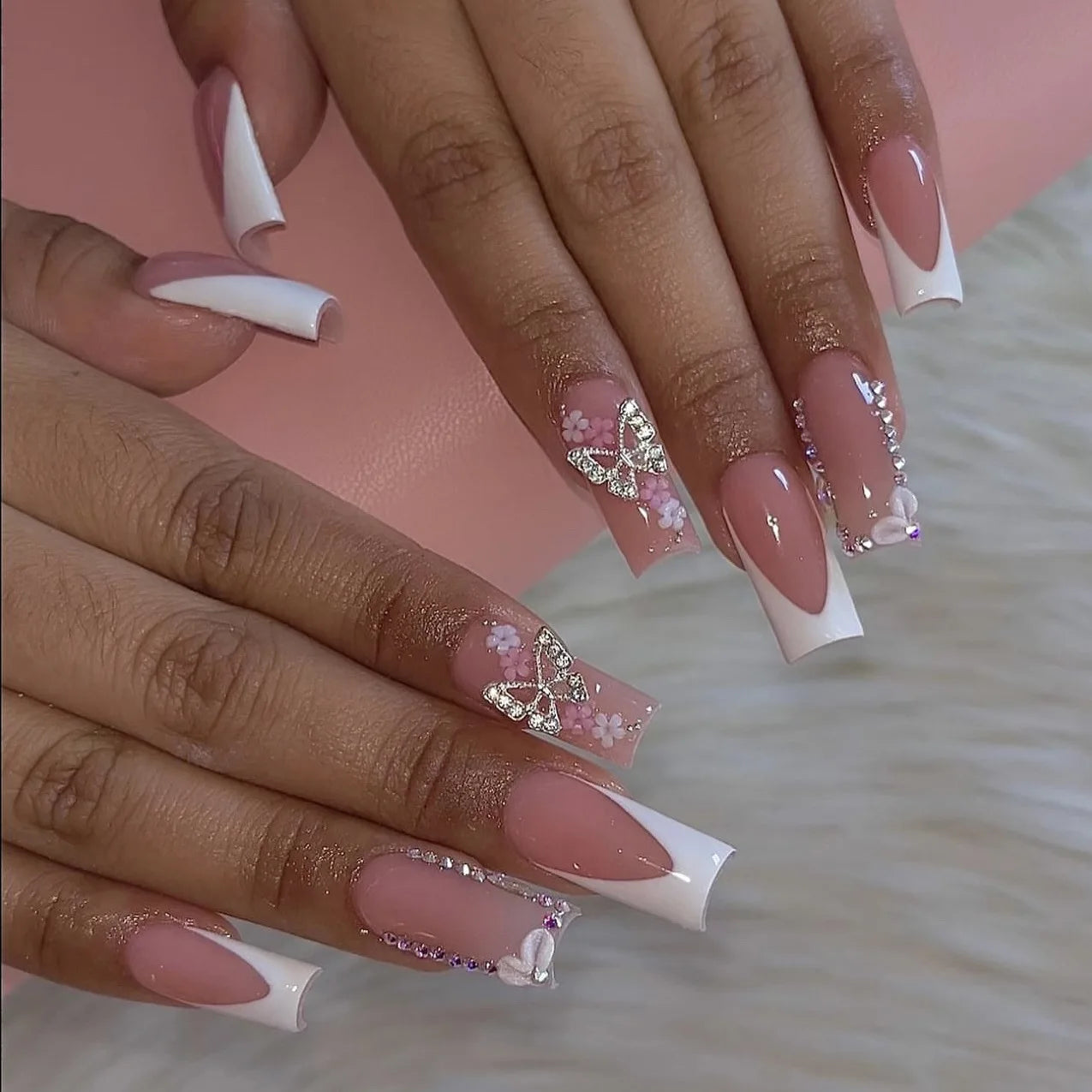 24Pcs French Tip Square Press On Nails