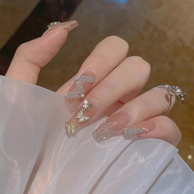 French Style False Nails Glitte Bow Design Fake Nail