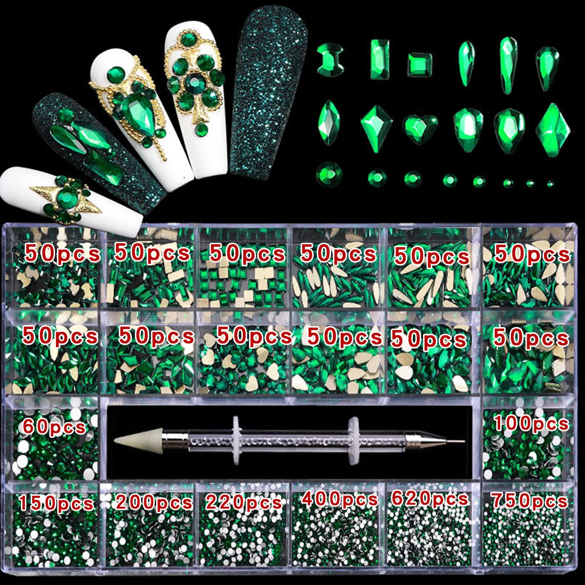21 grid rhinestone box mixed nail Gems