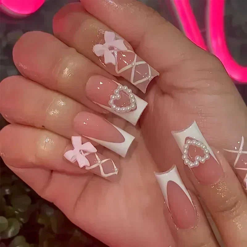 24Pcs French Tip Square Press On Nails
