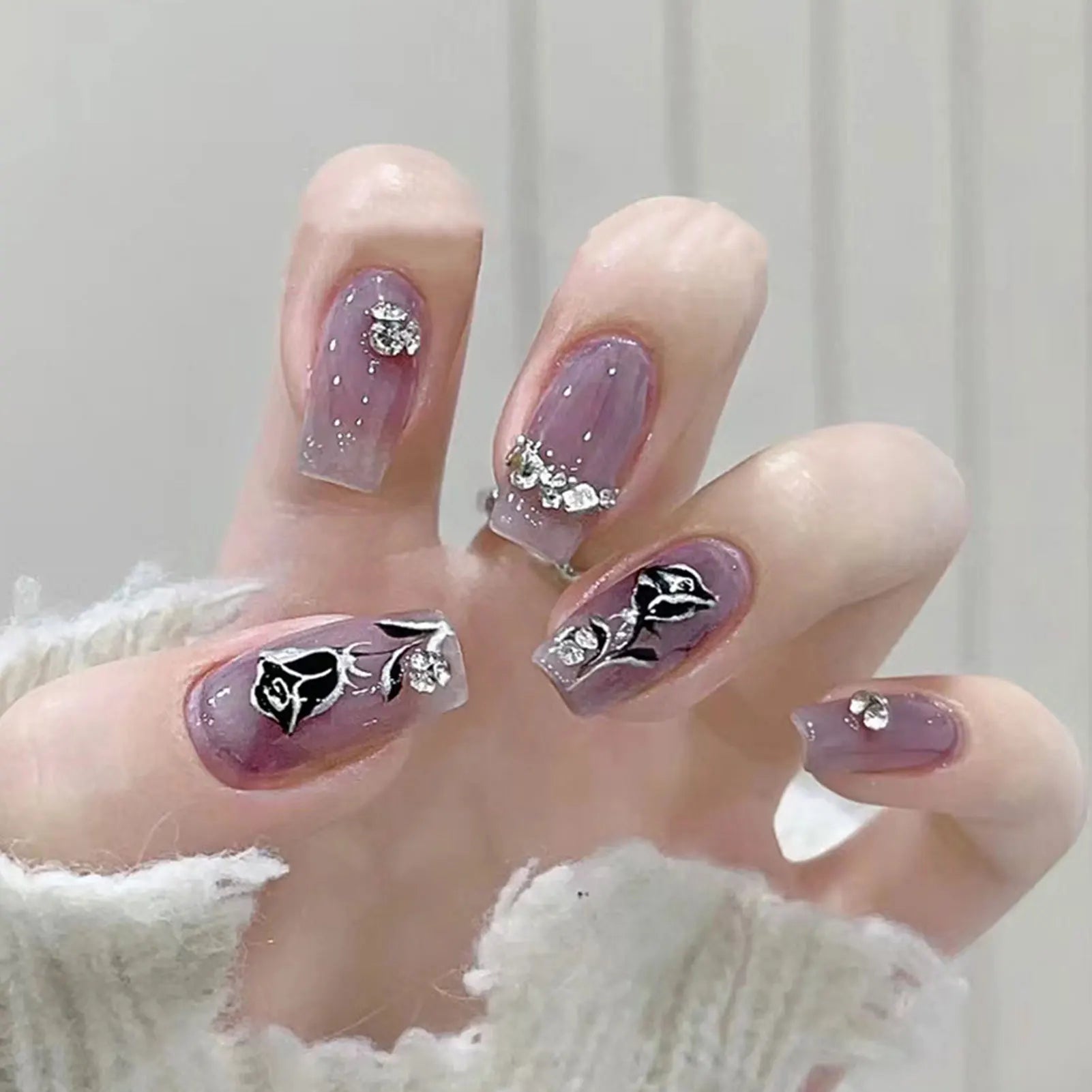 French Style False Nails Glitte Bow Design Fake Nail
