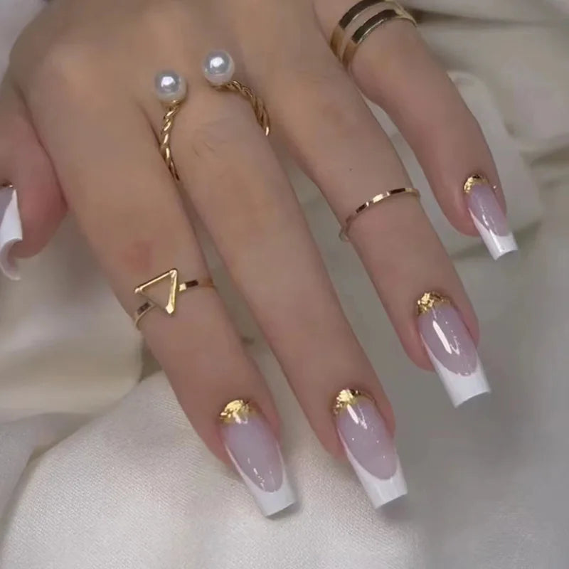 24Pcs French Tip Square Press On Nails