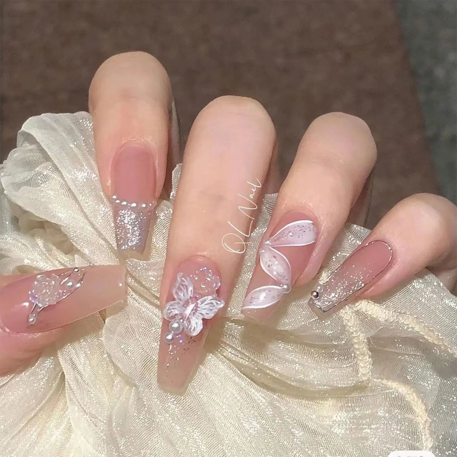 French Style False Nails Glitte Bow Design Fake Nail