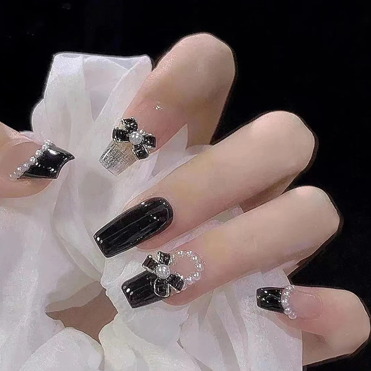 French Style False Nails Glitte Bow Design Fake Nail