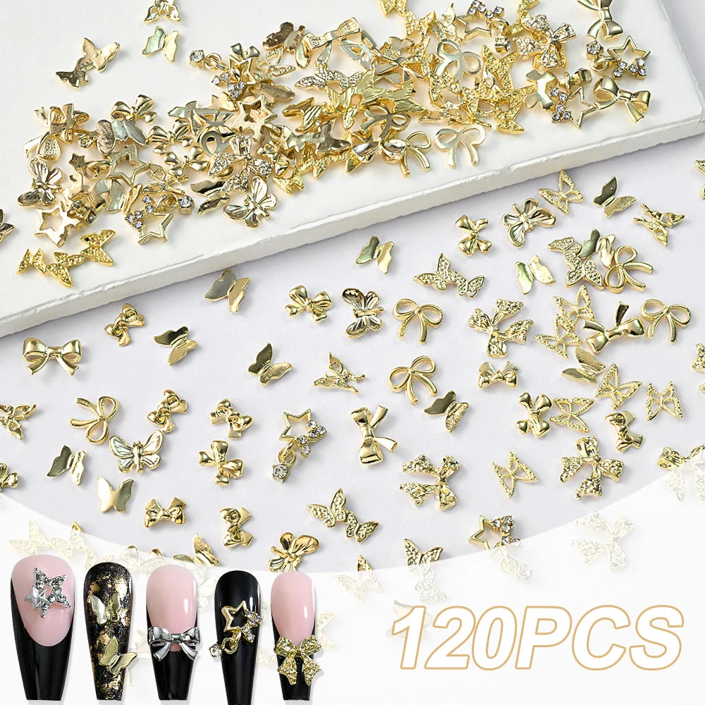 120pcs/box 3D Gold Bow Butterfly Nail