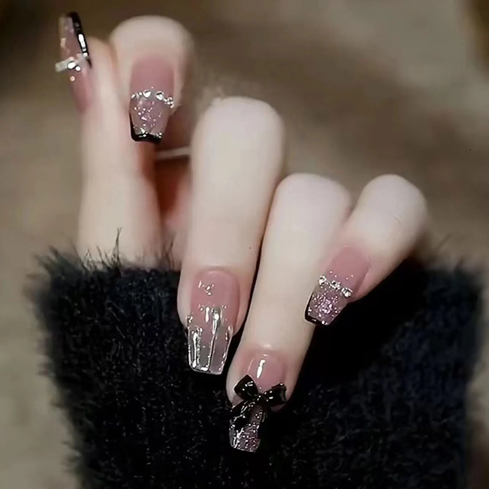 French Style False Nails Glitte Bow Design Fake Nail