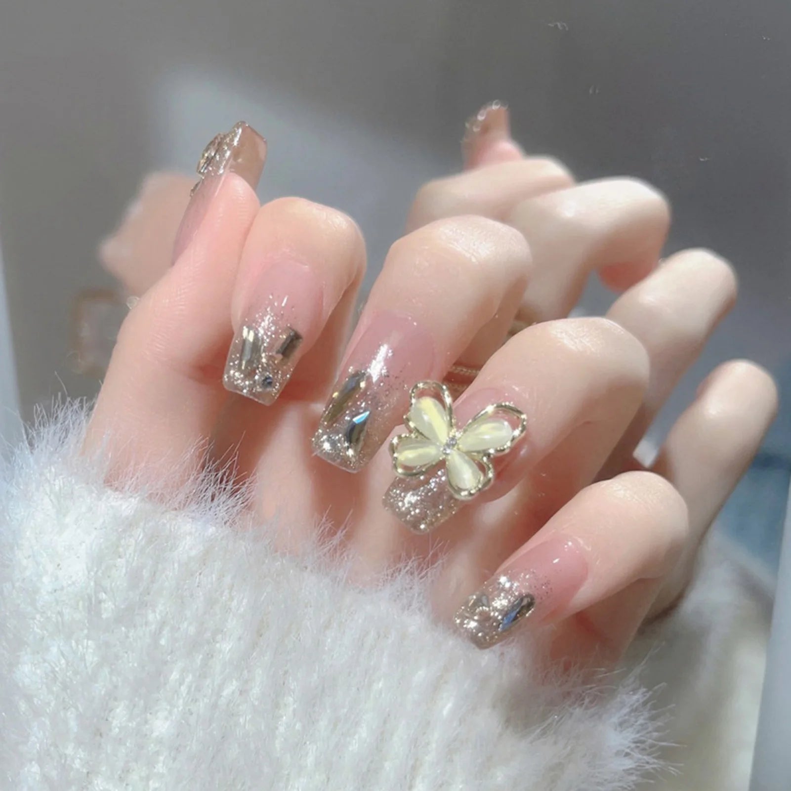 French Style False Nails Glitte Bow Design Fake Nail