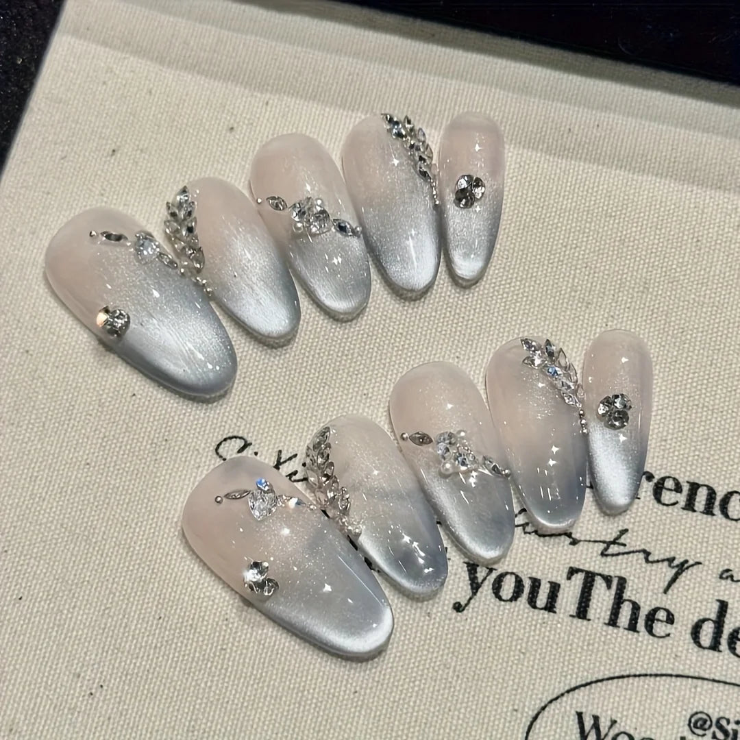 10pcs  cat-eye French diamonds handmade fake nails
